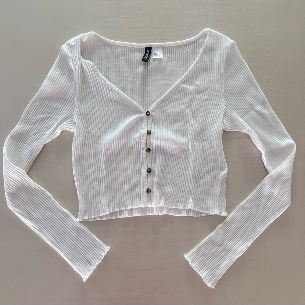 H&M Cream Ribbed Button-Front Crop Top